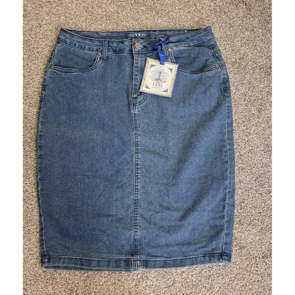 Lexi Jeans Denim Skirt Size 14 Straight Pencil Midi Blue Slit Classic Travel - Picture 1 of 8